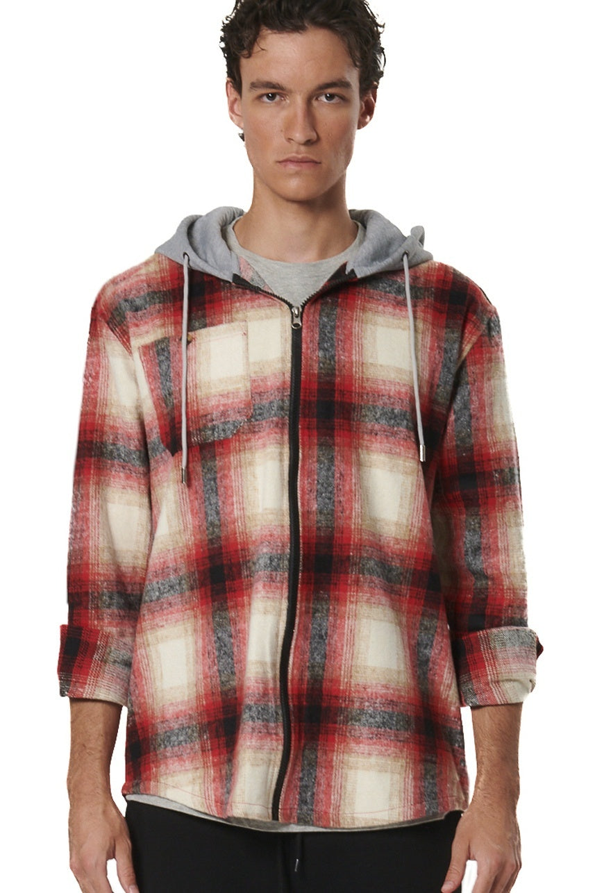 Body Action Ανδρική Fleece Zακέτα Καρό με Κουκούλα - 073532-01-ECRU RED